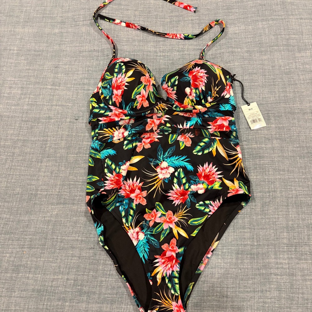 Shade & Shore Black Tropical Floral Underwire One Piece Swimsuit 38D NWT